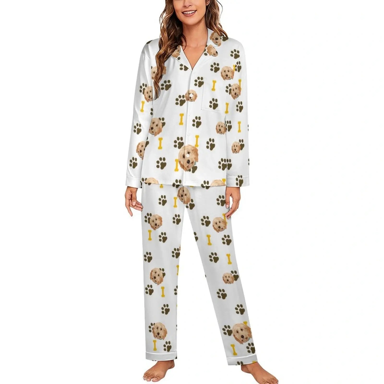 Custom women’s pajama set with pet portrait, personalized gift for pet lovers.