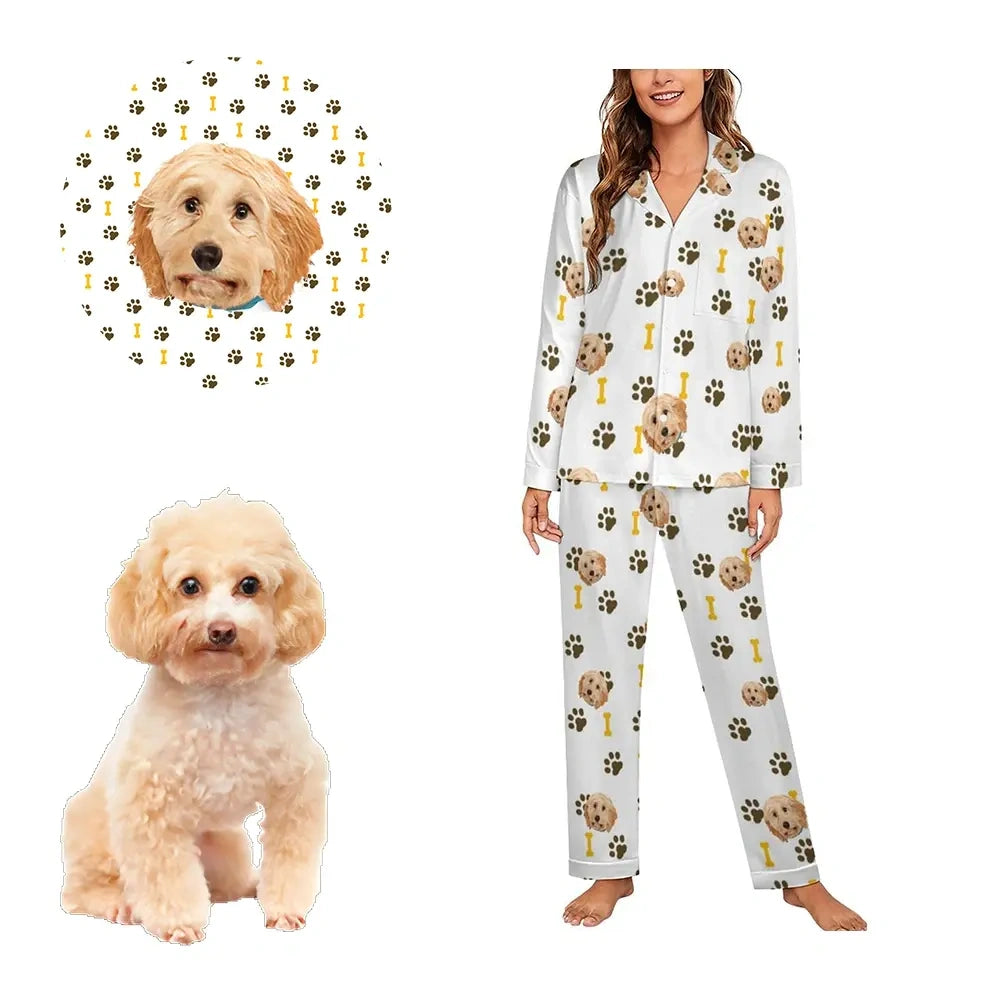 Custom women’s pajama set with pet portrait, personalized gift for pet lovers.