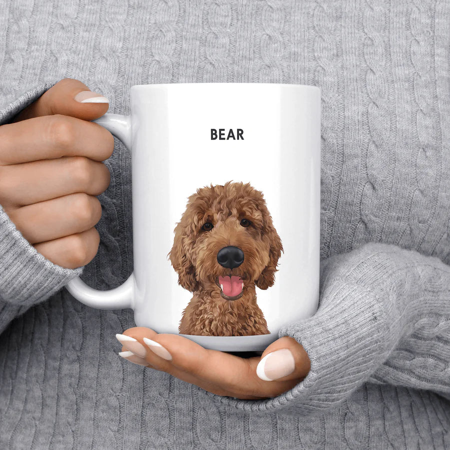 Custom pet portrait white mug featuring a personalized design for pet lovers