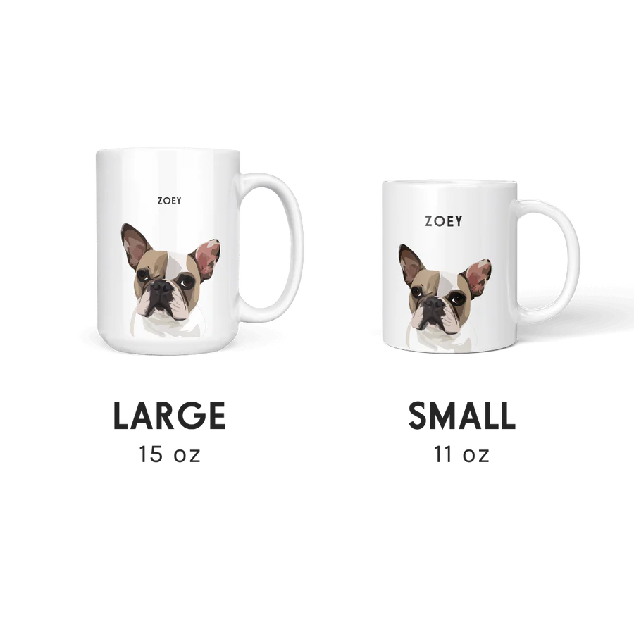 Custom white mug with pet portrait, personalized gift for pet lovers.