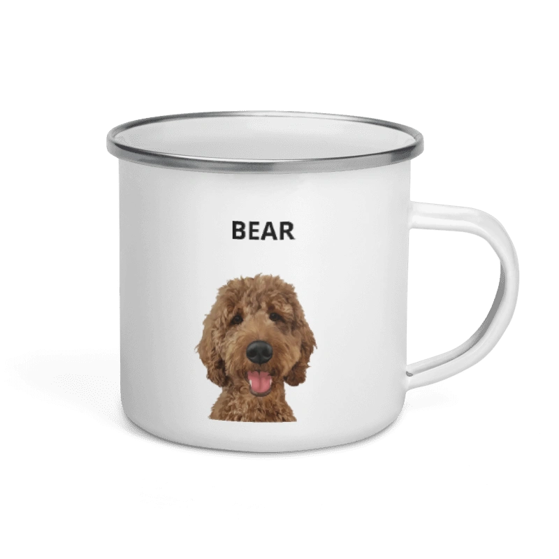 Custom enamel mug with pet portrait, personalized gift for pet lovers.