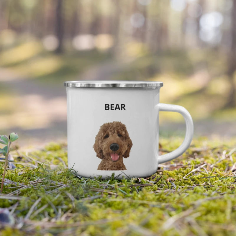 Custom enamel mug with pet portrait, personalized gift for pet lovers.