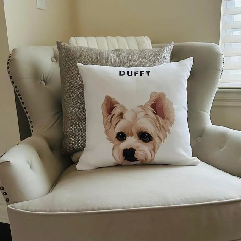 Custom square pillow with pet portrait, cozy personalized gift for pet lovers.