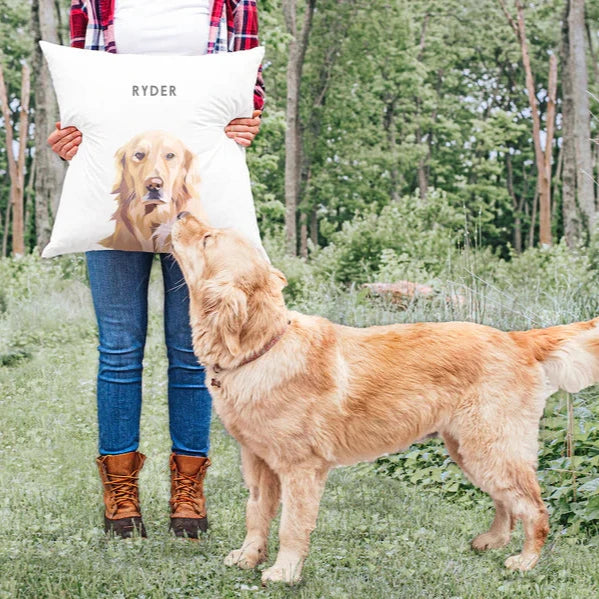 Custom square pillow with pet portrait, cozy personalized gift for pet lovers.