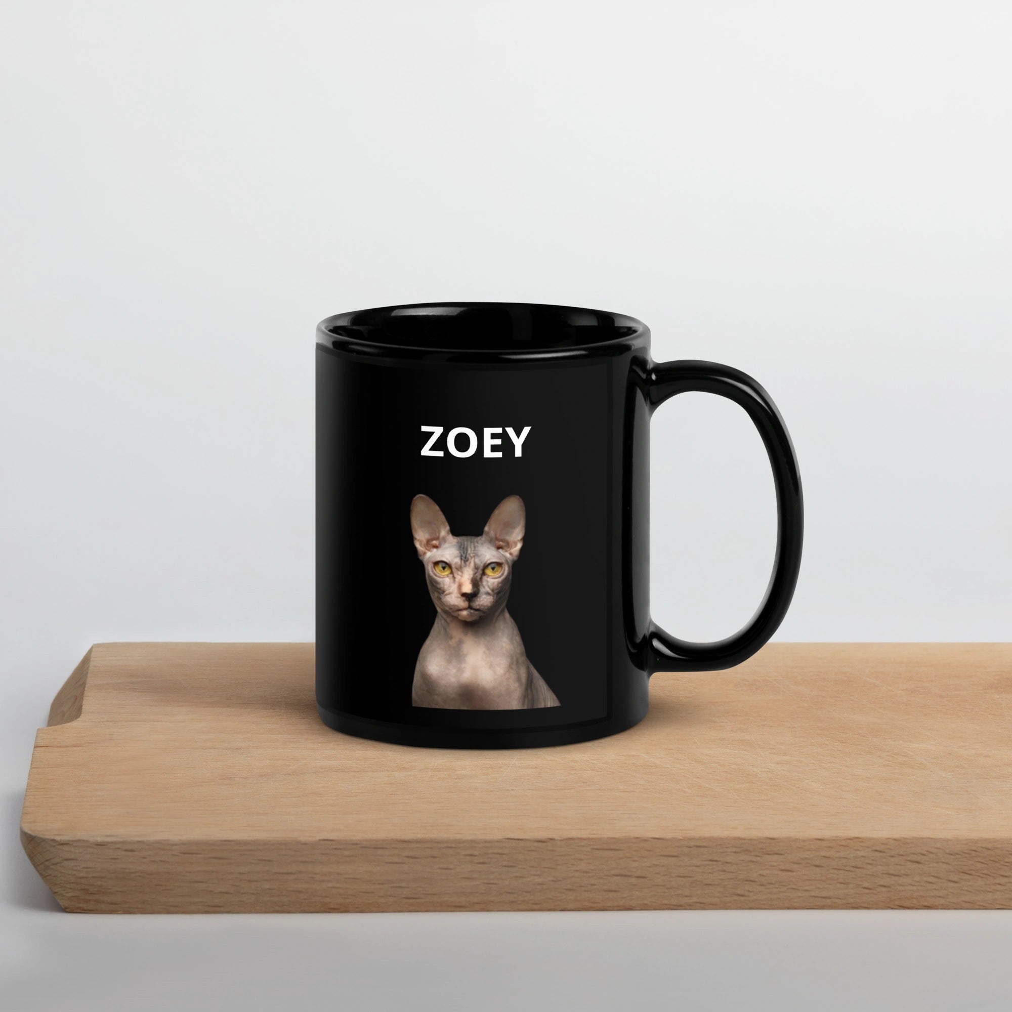 Custom black mug with pet portrait, personalized gift for pet lovers.