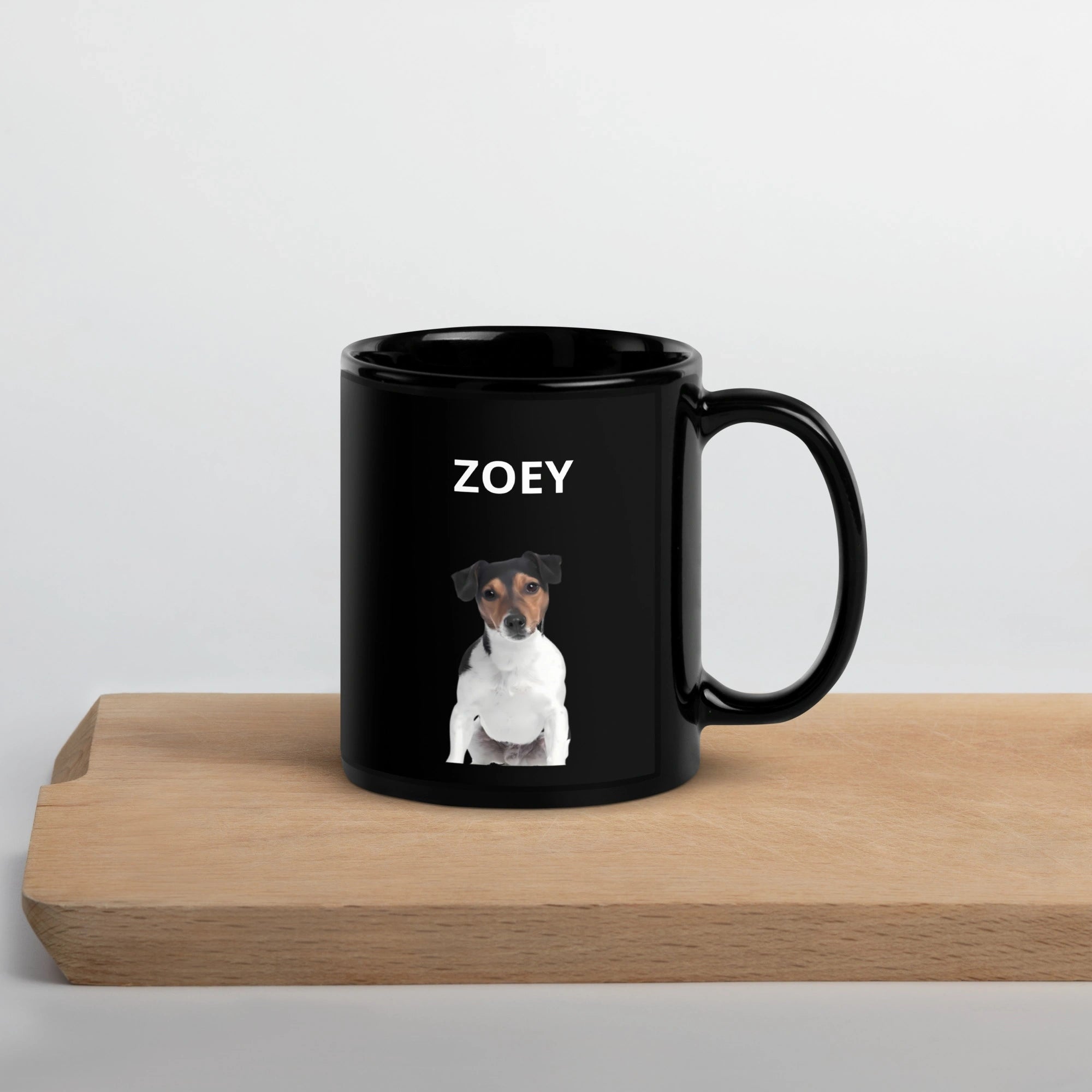 Custom black mug with pet portrait, personalized gift for pet lovers.