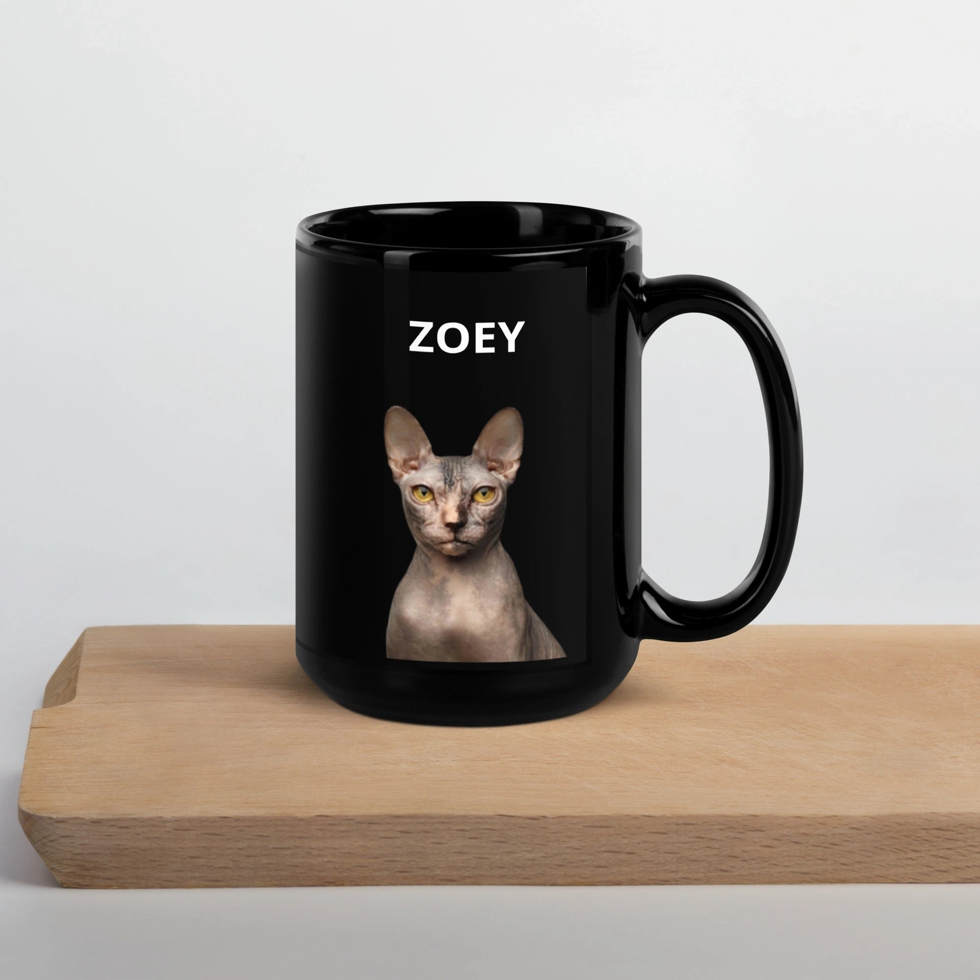 Custom black mug with pet portrait, personalized gift for pet lovers.